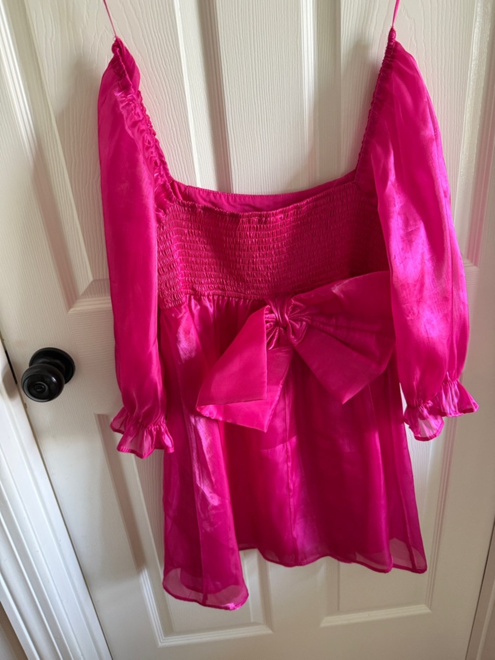 Off-Shoulder Bright Pink Casual Mini Dress with Ruffle Cuffs - Picture 3 of 3
